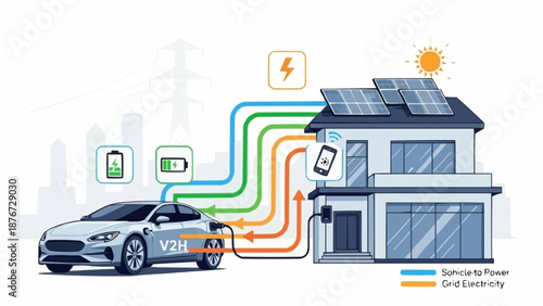 Electric car charging at home with solar panels and battery storage.