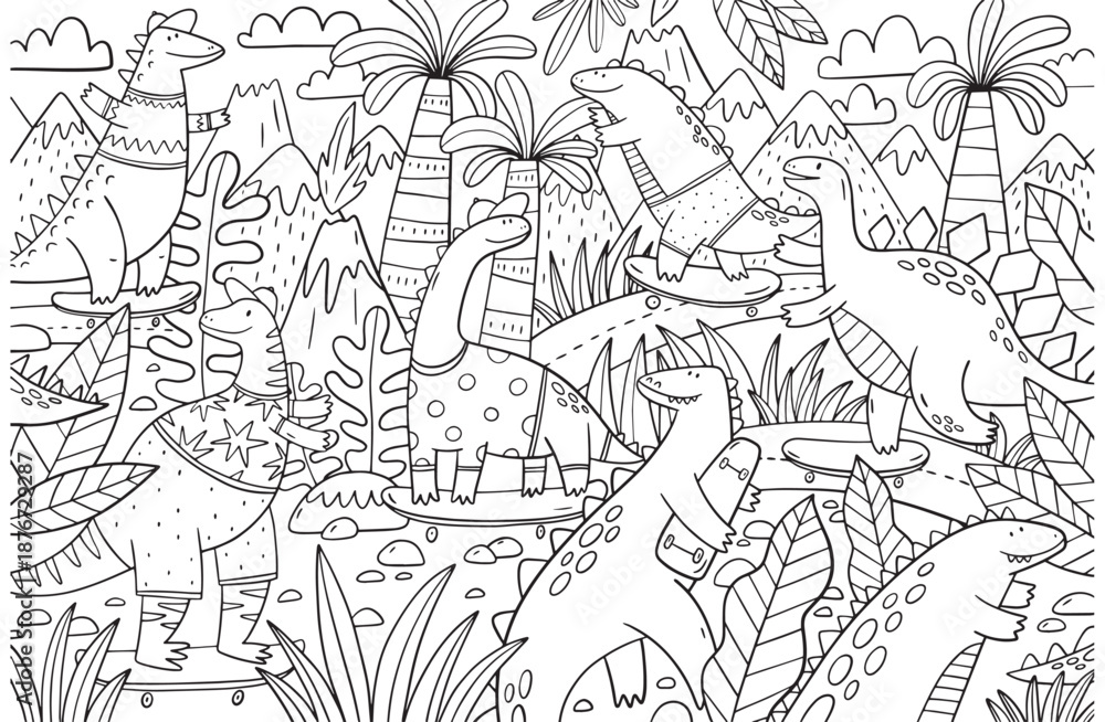 Fototapeta premium Cute Dinosaurs in tropical on skateboard. Coloring page. Vector doodle style