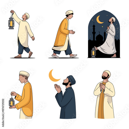 Ramadan Illustration Collection: A vibrant illustration set of men celebrating Ramadan, showcasing prayer, lantern and devotion amidst the holy month's spirit.