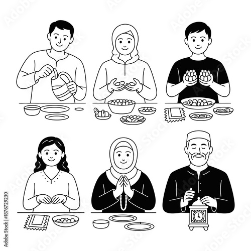 Ramadan Tradition: Family Gathering: A family shares the Ramadan tradition. They are dressed modestly. They are preparing a meal and sharing moments together with a sense of peace and unity.