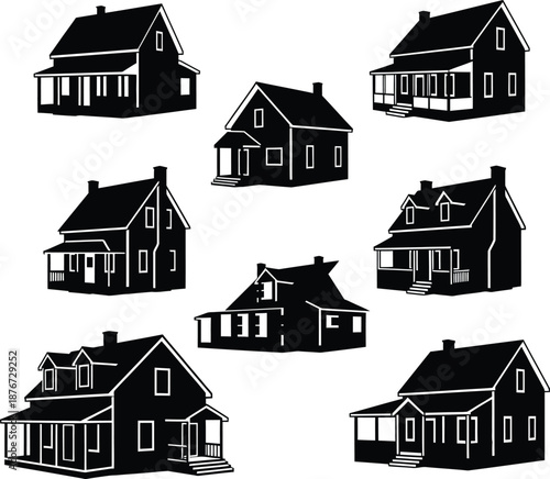 Collection of silhouette farmhouses and suburban cottage vector icons.