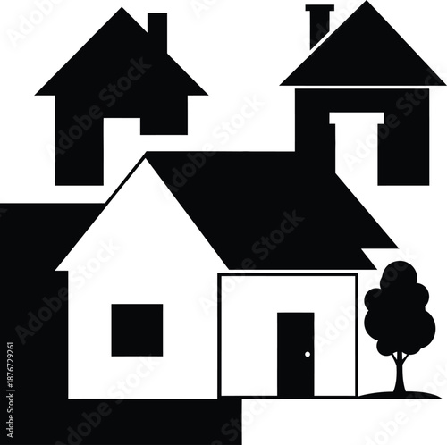 Minimalist Real Estate Icon Collection Featuring House Silhouettes, Roof Shapes, and Tree Elements in Negative Space Style.