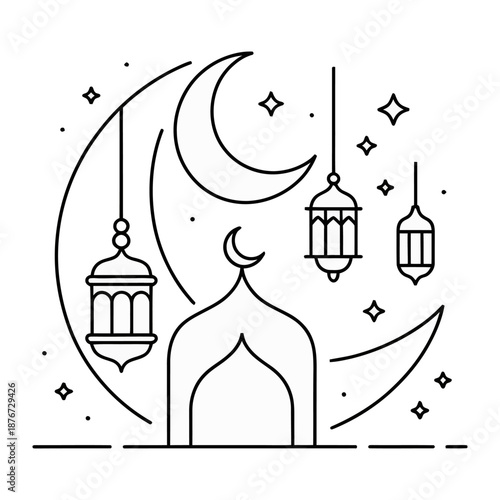 Islamic Celebration: This image shows a detailed illustration of cultural and religious symbols, it evokes a sense of peace, spirituality, and cultural appreciation. 
