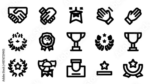 Outline Success & Achievement Icons Set: Handshake, Trophy, Medal, Laurel Wreath, Clapping Hands. Recognition & Victory Vector