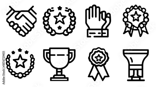 Achievement and Success Icon Set: Outline Vector Collection of Awards, Trophies, Laurel Wreaths, Handshake, Victory Symbols