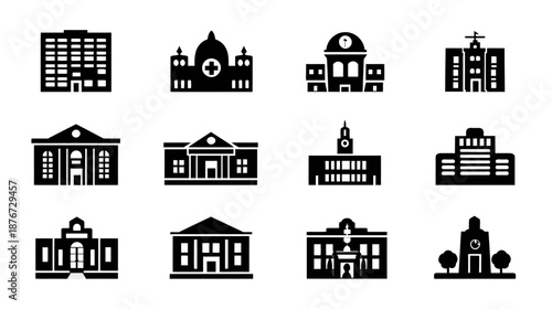 Black silhouette building icons set. Modern and classic architecture symbols for public, education, health, and government facilities.