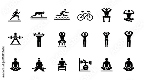 Fitness and Sports Exercise Icons Set: Diverse Silhouettes for Workout and Physical Activity Design