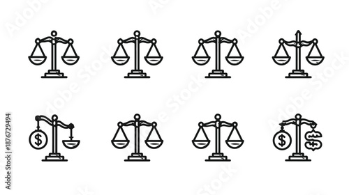 Set of eight justice scales icons representing law, balance, equality, ethics, legal decisions, and financial equity