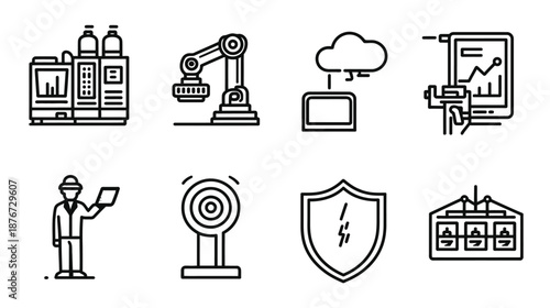 Industry 4.0 and Smart Factory Line Icons Set with Robotics, Cloud Computing, Data Analytics, and Cybersecurity