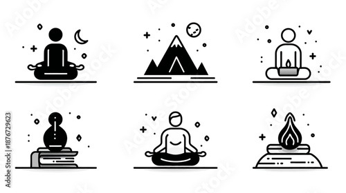 Minimalist Meditation and Spirituality Icons: Yoga, Mindfulness, Nature, Inner Peace, and Wellness Concepts