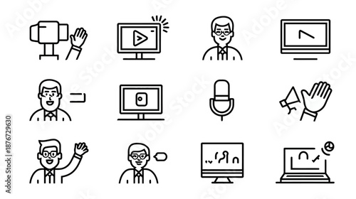 Video Production and Online Content Creation Icons Set. Live Streaming, Vlogging, Tutorial, Broadcasting, and Digital Media.