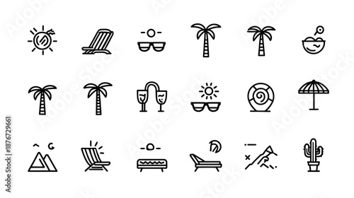 Collection of Summer Vacation and Travel Line Icons Set. Minimalist holiday, beach, and tropical themed vector symbols.