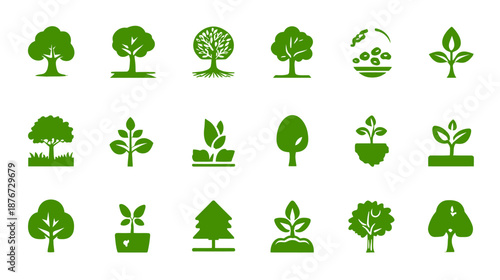Green tree and plant icons collection. Eco-friendly symbols for nature, environment, growth, and sustainability vector illustration set.