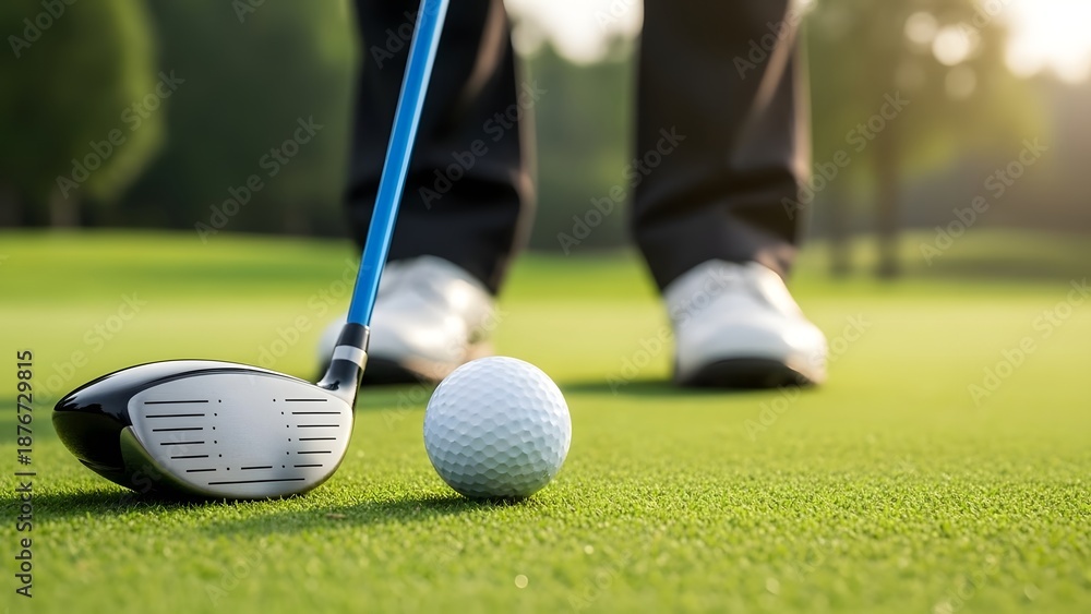 Fototapeta premium A person prepares to hit a golf ball on a green course with a club.
