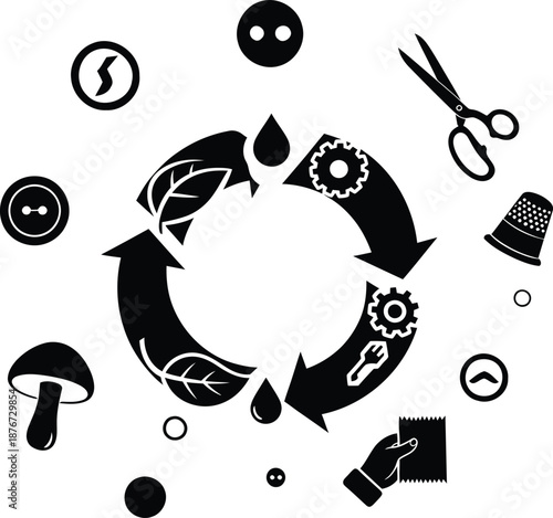Sustainable Fashion Concept Illustration Featuring Circular Economy Icons for Clothing Repair Upcycling Textile Recycling Bio Materials and Ethical Manufacturing in Black and White Silhouette.