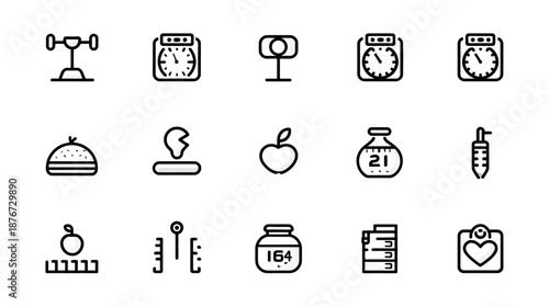 Health and Fitness Line Icons Set: Diet, Nutrition, Exercise, Weight Loss, and Wellness Outline Symbols