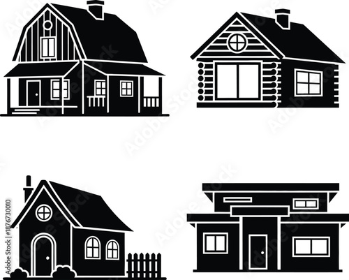 Set of Four Black and White House Icons Featuring Different Architectural Styles Including a Gambrel Roof Barn House Log Cabin Small Cottage and Modern Flat Roof Residence Isolated on White.