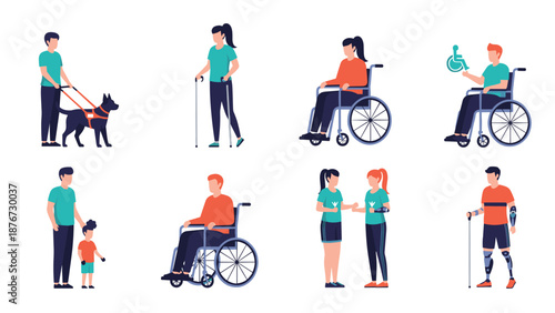 Diverse group of people with various physical disabilities including wheelchair users and those with prosthetic limbs standing together.