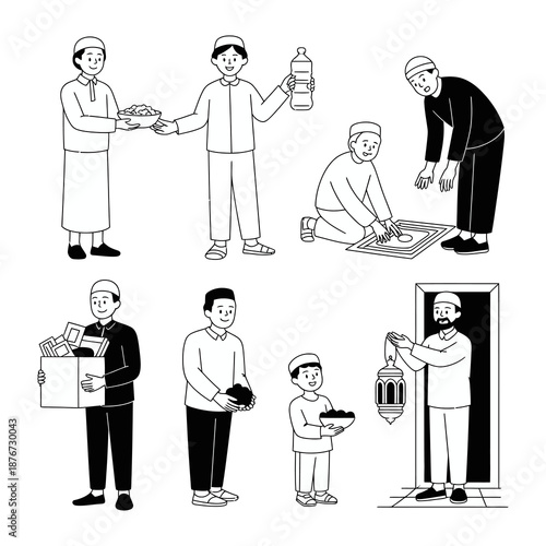 Diverse Aspects of Muslim Culture: A collection of illustrations depicting various facets of Islamic life, from charitable acts to acts of worship.