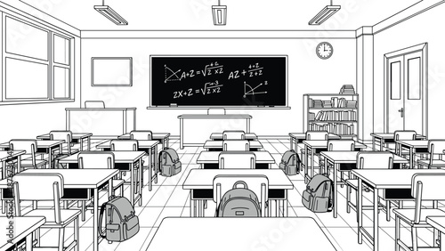 Detailed black and white sketch of an empty school classroom with rows of desks, a blackboard with math equations, and student backpacks.