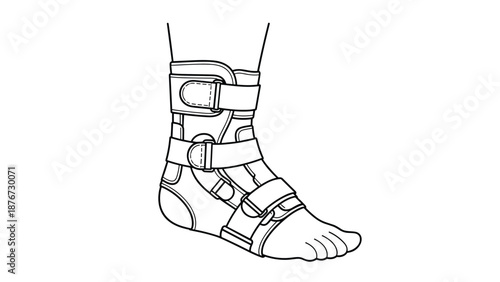 Detailed medical illustration shows a foot wearing a black orthopedic ankle brace with adjustable straps for support and injury recovery.