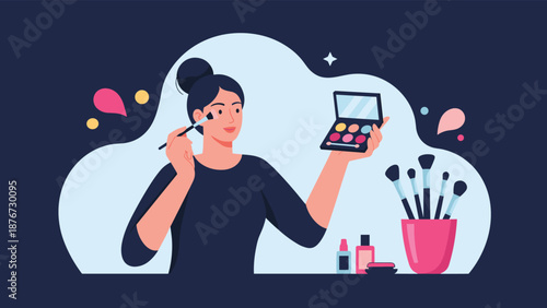 Young woman enjoys her beauty routine by applying powder with a brush while holding an eyeshadow palette in front of her makeup vanity setup.