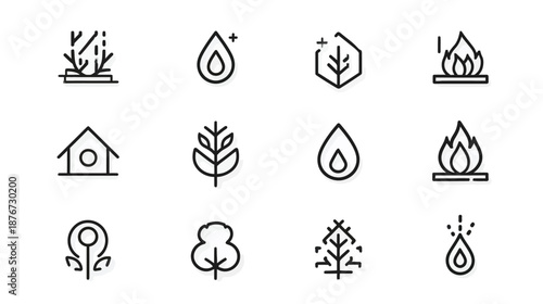 Nature and Environment Line Icons Set. Outline symbols for ecology, sustainability, growth, water, fire, and plants on white.