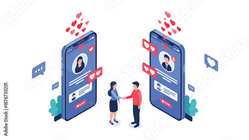 Two people are shaking hands to seal a deal or start a relationship between two large smartphone screens showing dating or social profiles.
