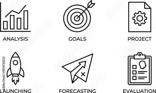 Set of business project management line icons featuring data analysis target goals launching rocket forecasting strategy planning and evaluation symbols for corporate workflow success
