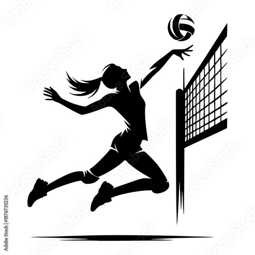 Volleyball Silhouette: A dynamic silhouette of a female volleyball player mid-air, poised to spike the ball over the net, capturing the intensity and athleticism of the sport.