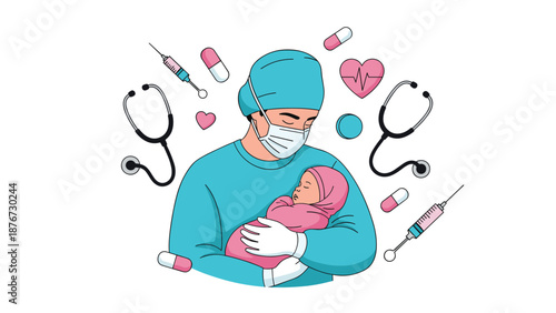 Medical professional in blue scrubs and a face mask gently holds a newborn infant surrounded by various healthcare and medicine icons.