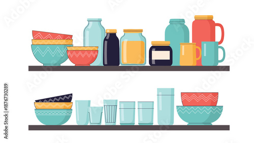 Organized kitchen shelves are filled with a variety of colorful ceramic bowls, glass jars, and containers for food storage in a modern home.