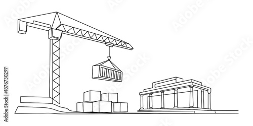 Modern logistics meets classical architecture: a crane moves cargo near an ancient-style building