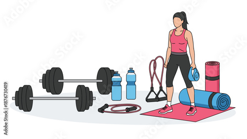 Fit woman in sportswear stands in a home gym surrounded by various exercise equipment like dumbbells, yoga mats, and resistance bands.