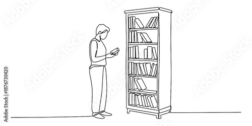 Minimalist continuous line art of a person reading a book next to a tall library shelf