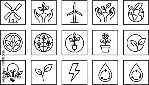 Set of fifteen eco friendly line icons featuring renewable energy wind turbines green sprouts recycling water drops and sustainable growth symbols for environmental conservation projects