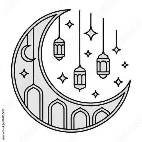 Celestial Ornament: A serene image of a crescent moon embellished with ornate lanterns and twinkling stars, evokes the tranquility and charm of the night sky. 