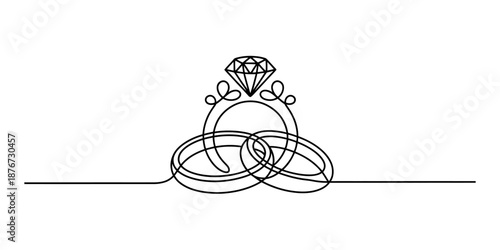 Elegant continuous line art of wedding and engagement rings with a sparkling diamond