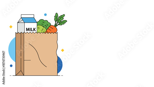 Brown paper grocery bag is filled with fresh healthy food items including a milk carton, carrots, and lettuce for a balanced vegetarian diet.