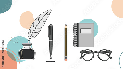 Still life illustration of classic writing instruments including a quill with inkwell, a fountain pen, a pencil, and a notebook with glasses.