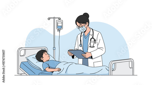 Pediatrician wearing a mask and lab coat speaks with a young boy lying in a hospital bed while reviewing medical records during a checkup.