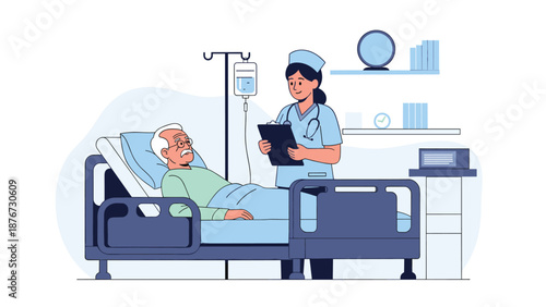 Dedicated nurse in a blue uniform checks on an elderly male patient resting in a hospital bed while holding a medical chart for monitoring.