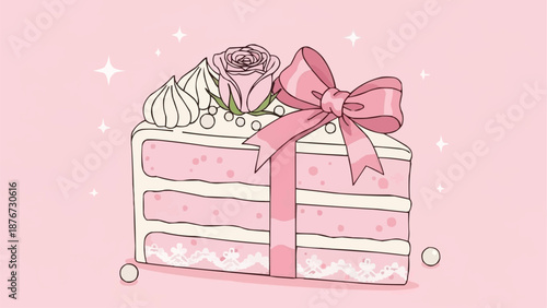 Pink Layer Cake Slice with Ribbon and Rose Decoration.