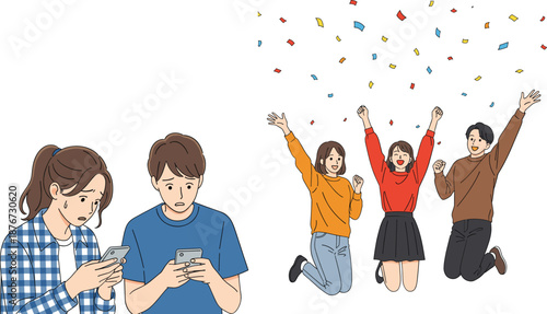 Young people feeling sad with smartphones contrasted by happy friends celebrating together flat vector illustration concept