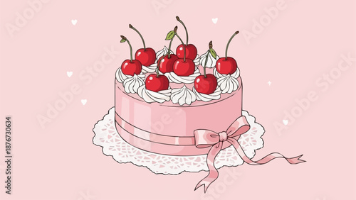 Pink frosted cake with cherries and ribbon.