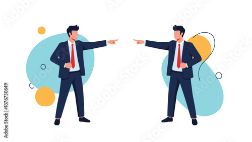 Two identical businessmen in formal suits stand opposite each other and point their fingers in a confrontational gesture of blame or argument.