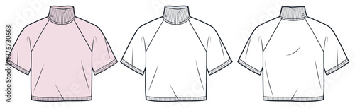 Women Short Sleeve Mock Neck Top Technical Drawing, High Neck Raglan Sleeve Knit Top Fashion Flat Technical Drawing Template, front and back view, white, soft pink, women, men, unisex CAD mockup.