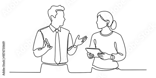 Business discussion between two colleagues in a modern continuous line art style