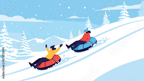 Happy people enjoy a fun winter activity by snow tubing down a steep snowy hill in a beautiful mountain landscape with evergreen trees.
