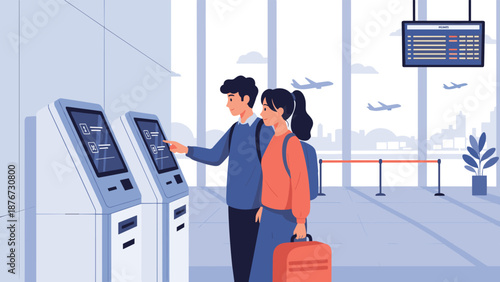 Young couple uses a self service check in kiosk at a busy airport terminal to prepare for their flight while holding a orange travel suitcase.
